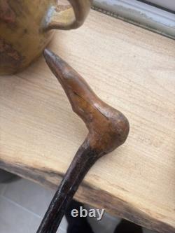 Antique Irish Blackthorn Foot Carved Walking Stick Folk Art Style Double twist