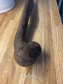 Antique Irish Blackthorn Shillelagh, Knobkerrie Walking Stick with Harp Carvings
