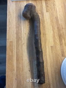 Antique Irish Blackthorn Shillelagh, Knobkerrie Walking Stick with Harp Carvings