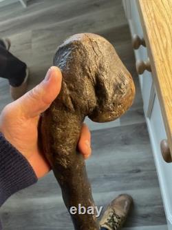 Antique Irish Blackthorn Shillelagh, Knobkerrie Walking Stick with Harp Carvings