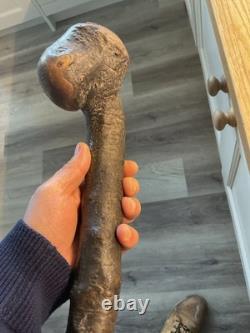 Antique Irish Blackthorn Shillelagh, Knobkerrie Walking Stick with Harp Carvings