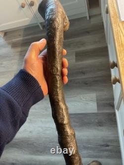 Antique Irish Blackthorn Shillelagh, Knobkerrie Walking Stick with Harp Carvings