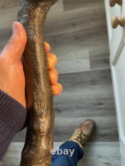 Antique Irish Blackthorn Shillelagh, Knobkerrie Walking Stick with Harp Carvings