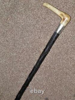 Antique Irish Bog Oak Hand-Carved Clover & Harp Walking Stick -H/M Silver Collar