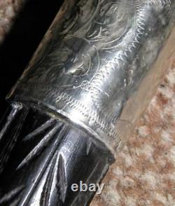 Antique Irish Bog Oak Hand-Carved Clover & Harp Walking Stick -H/M Silver Collar