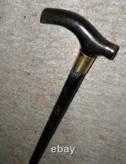 Antique Irish Bog Oak Hand-Carved Clover Walking Stick -'18ctGP' Gold Collar