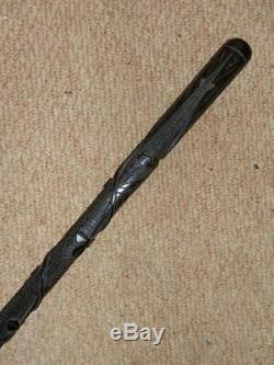 Antique Irish Bog Oak Hand Carved Snake & 3 Leaf Clover Walking Stick 35.1/2