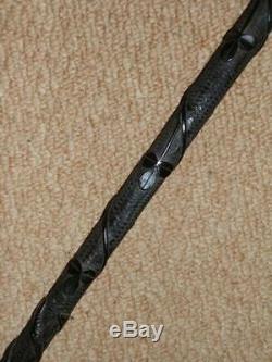 Antique Irish Bog Oak Hand Carved Snake & 3 Leaf Clover Walking Stick 35.1/2