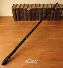 Antique Irish Bog Oak Walking Stick Cane. Hand Carved Snake, Fern Leaf, Clover