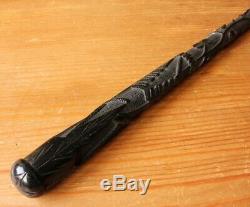 Antique Irish Bog Oak Walking Stick Cane. Hand Carved Snake, Fern Leaf, Clover