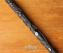 Antique Irish Bog Oak Walking Stick Cane. Hand Carved Snake, Fern Leaf, Clover