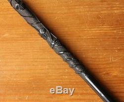 Antique Irish Bog Oak Walking Stick Cane. Hand Carved Snake, Fern Leaf, Clover