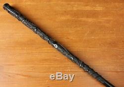 Antique Irish Bog Oak Walking Stick Cane. Hand Carved Snake, Fern Leaf, Clover