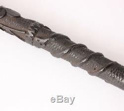 Antique Irish Bog Oak Walking Stick Cane. Hand Carved Snake, Fern Leaf, Clover