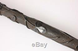 Antique Irish Bog Oak Walking Stick Cane. Hand Carved Snake, Fern Leaf, Clover