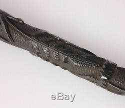 Antique Irish Bog Oak Walking Stick Cane. Hand Carved Snake, Fern Leaf, Clover