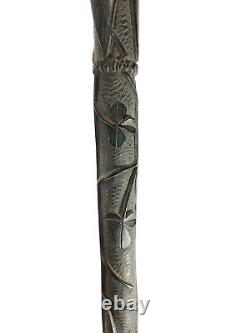 Antique Irish Carved Bog Oak Walking Stick Cane with Shamrock Design