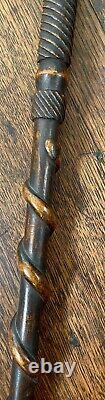 Antique Irish English Carved Oak Snake Walking Stick Cane 19th Century Folk Art