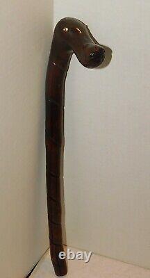 Antique Irish Hand Carved Club Swagger Walking Stick Figural Head Jeweled Eyes