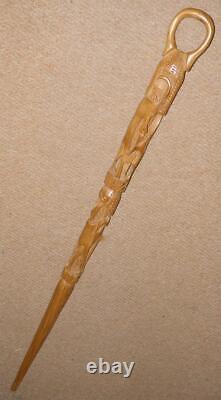 Antique Iroko African Tribal Walking Stick Carved African Elephant & Antelope