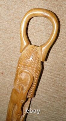 Antique Iroko African Tribal Walking Stick Carved African Elephant & Antelope