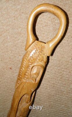 Antique Iroko African Tribal Walking Stick Carved African Elephant & Antelope