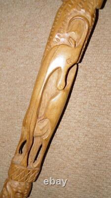 Antique Iroko African Tribal Walking Stick Carved African Elephant & Antelope