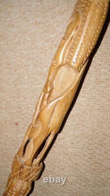 Antique Iroko African Tribal Walking Stick Carved African Elephant & Antelope