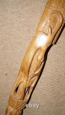 Antique Iroko African Tribal Walking Stick Carved African Elephant & Antelope