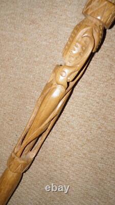 Antique Iroko African Tribal Walking Stick Carved African Elephant & Antelope