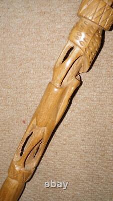 Antique Iroko African Tribal Walking Stick Carved African Elephant & Antelope