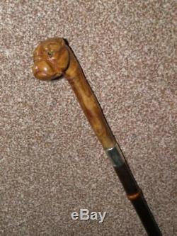 Antique J. Howell HM 1909 Silver Walking Cane -Carved Bull Dogs Head WithGlass Eyes