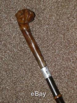 Antique J. Howell HM 1909 Silver Walking Cane -Carved Bull Dogs Head WithGlass Eyes