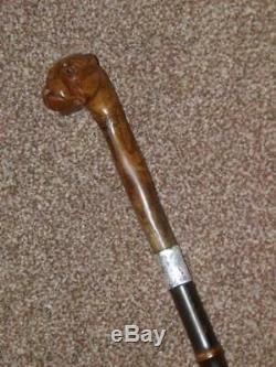 Antique J. Howell HM 1909 Silver Walking Cane -Carved Bull Dogs Head WithGlass Eyes