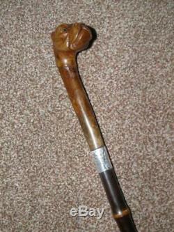 Antique J. Howell HM 1909 Silver Walking Cane -Carved Bull Dogs Head WithGlass Eyes