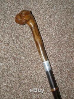 Antique J. Howell HM 1909 Silver Walking Cane -Carved Bull Dogs Head WithGlass Eyes