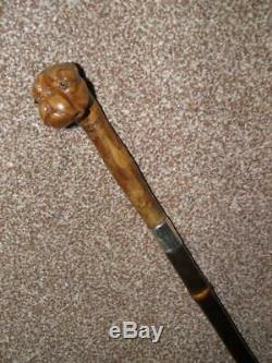 Antique J. Howell HM 1909 Silver Walking Cane -Carved Bull Dogs Head WithGlass Eyes