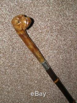 Antique J. Howell HM 1909 Silver Walking Cane -Carved Bull Dogs Head WithGlass Eyes