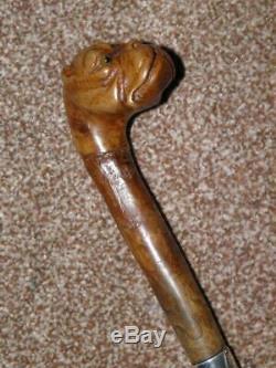 Antique J. Howell HM 1909 Silver Walking Cane -Carved Bull Dogs Head WithGlass Eyes