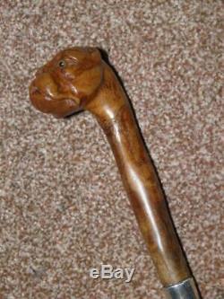 Antique J. Howell HM 1909 Silver Walking Cane -Carved Bull Dogs Head WithGlass Eyes