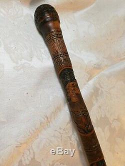 Antique Japanese Carved Bamboo Walking Stick/Cane. 4 Samurai portrait. 36in