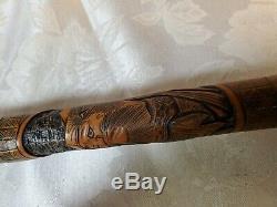 Antique Japanese Carved Bamboo Walking Stick/Cane. 4 Samurai portrait. 36in