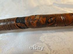 Antique Japanese Carved Bamboo Walking Stick/Cane. 4 Samurai portrait. 36in