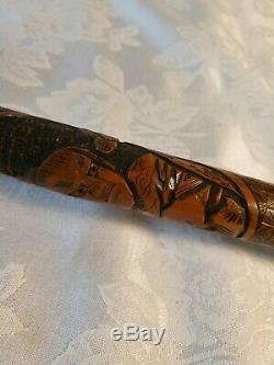 Antique Japanese Carved Bamboo Walking Stick/Cane. 4 Samurai portrait. 36in