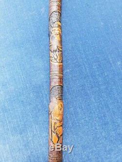 Antique Japanese Carved Bamboo Walking Stick/Cane. 4 Samurai portrait. 36in