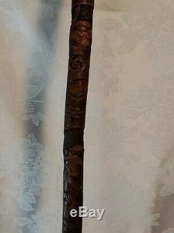 Antique Japanese Carved Bamboo Walking Stick/Cane. 4 Samurai portrait. 36in