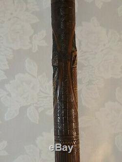 Antique Japanese Carved Bamboo Walking Stick/Cane. 4 Samurai portrait. 36in