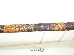 Antique Japanese Carved Bamboo Walking Stick Meiji Period Insects Butterflies