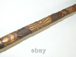 Antique Japanese Carved Bamboo Walking Stick Meiji Period Insects Butterflies