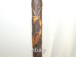 Antique Japanese Carved Bamboo Walking Stick Meiji Period Insects Butterflies